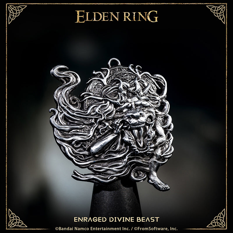 Starforged ELDEN RING Merchandise Enraged Divine Beast Amulet Pendant Officially Authorized A charm depicting the crazed, cavorting dance of the divine beast conducted at the tower festival.
Raises potency of storms.
Divine beasts are messengers of the heavens, and their rage mirrors the tumult of the skies, of which storms are the pinnacle.